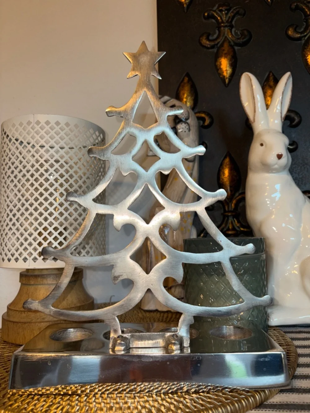 Vintage Crate & Barrel Heavy Cast Aluminum Christmas Tree Candleholder